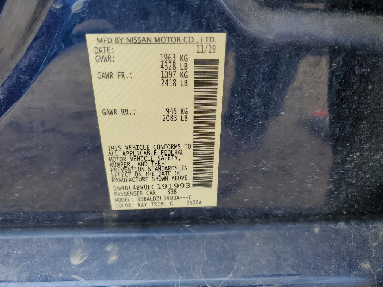 2020 Nissan Altima S VIN: 1N4BL4BV0LC191993 Lot: 65068945