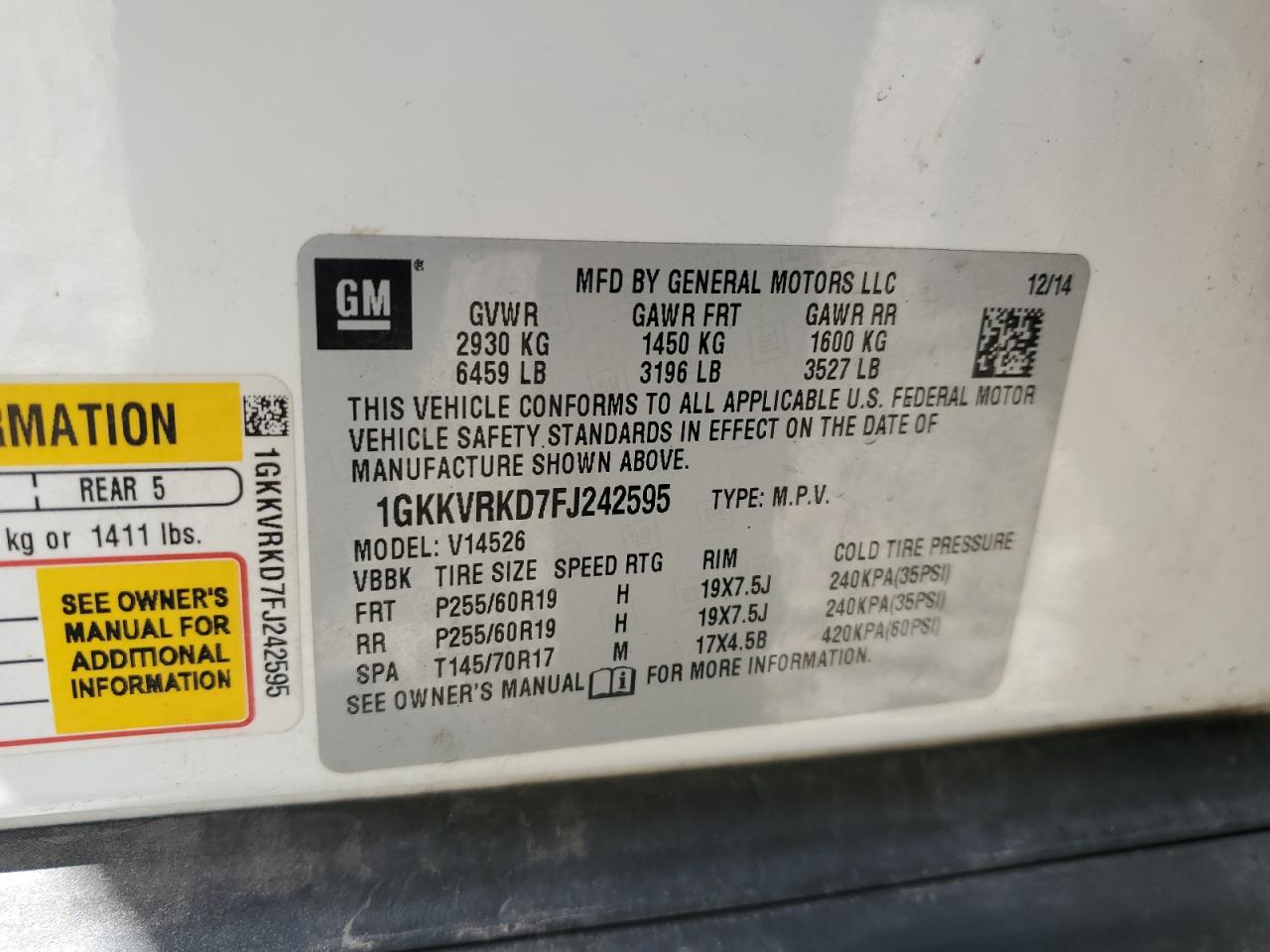 2015 GMC Acadia Slt-1 VIN: 1GKKVRKD7FJ242595 Lot: 64366355
