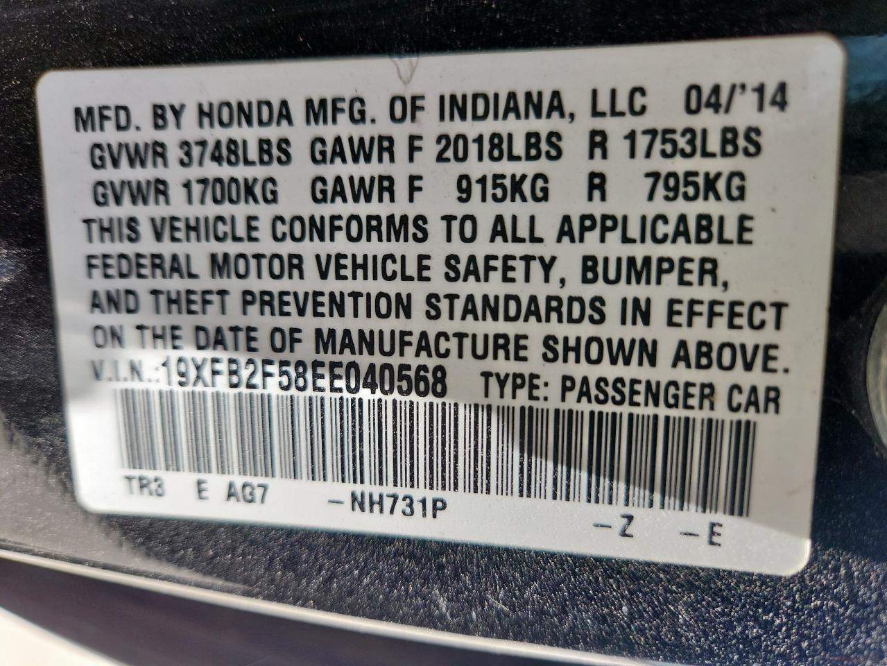 2014 Honda Civic Lx VIN: 19XFB2F58EE040568 Lot: 64461685