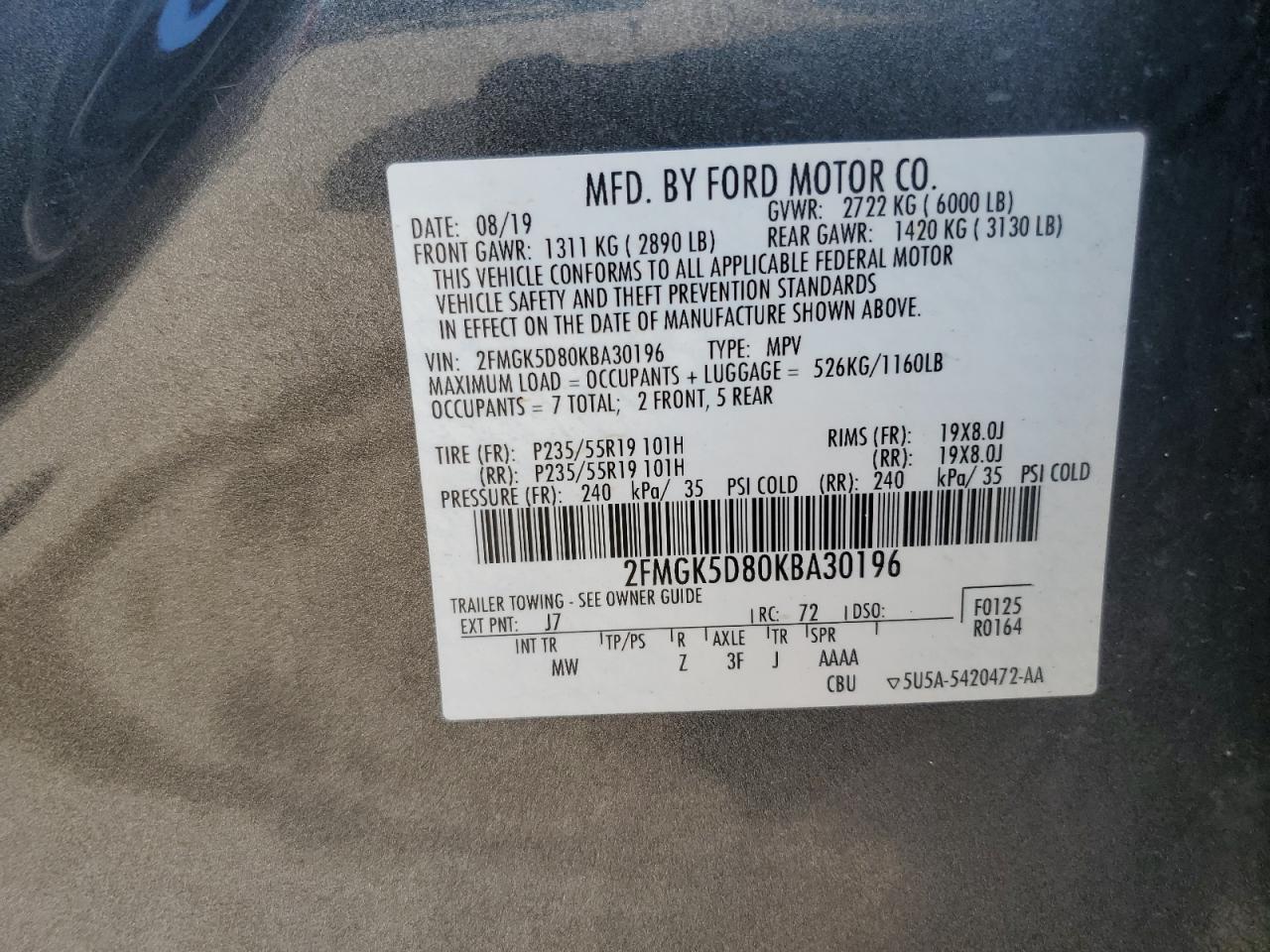 2019 Ford Flex Limited VIN: 2FMGK5D80KBA30196 Lot: 64338475