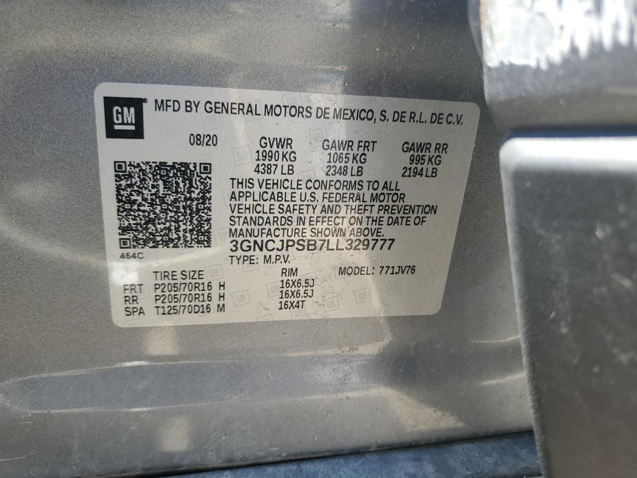 2020 Chevrolet Trax 1Lt VIN: 3GNCJPSB7LL329777 Lot: 63418775