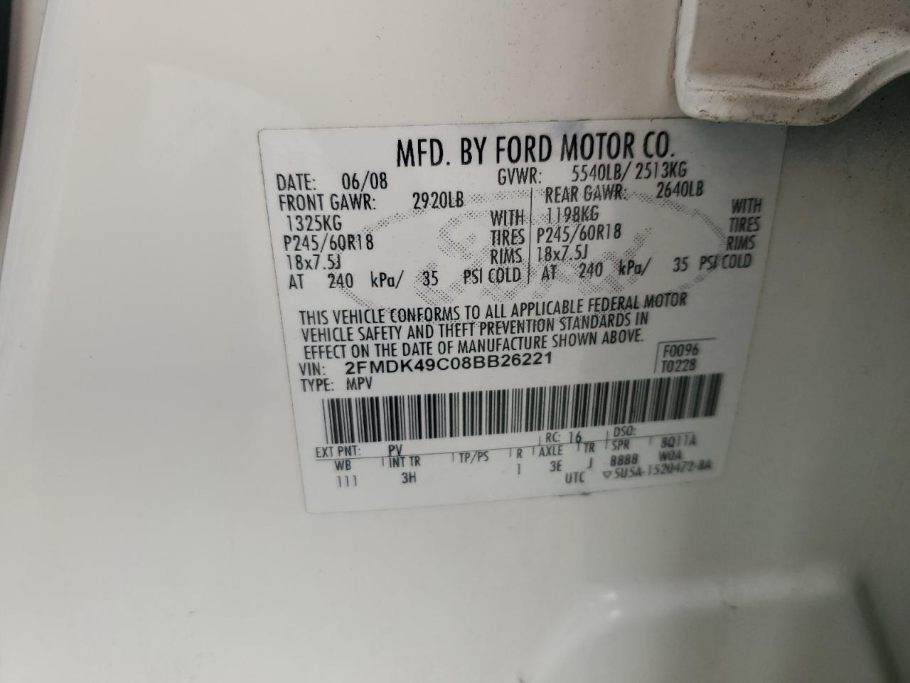 2008 Ford Edge Limited VIN: 2FMDK49C08BB26221 Lot: 64013575