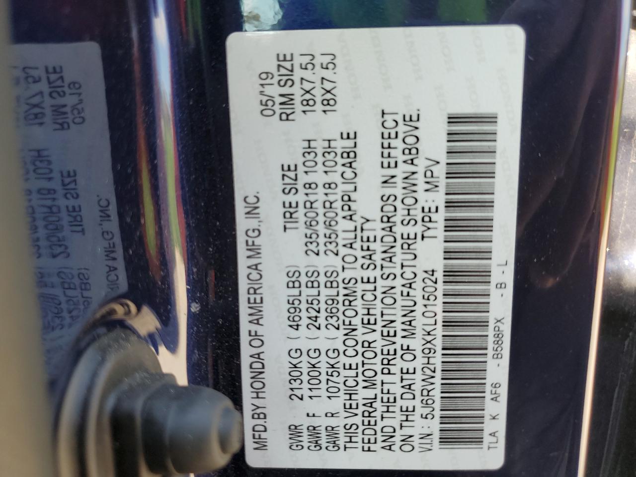 2019 Honda Cr-V Touring VIN: 5J6RW2H9XKL015024 Lot: 64947135