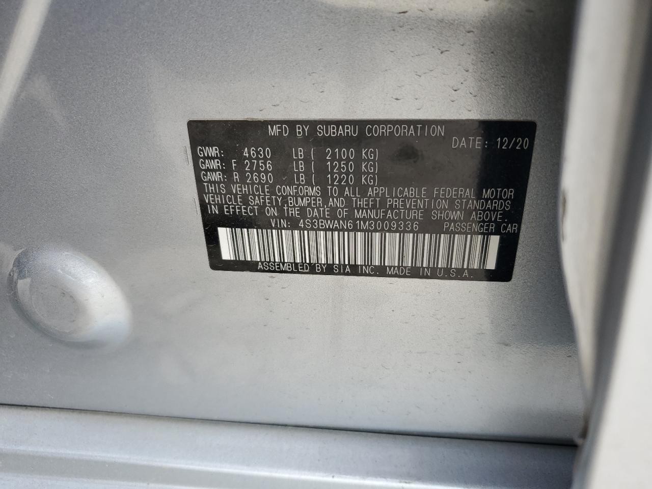 2021 Subaru Legacy Limited VIN: 4S3BWAN61M3009336 Lot: 65001125