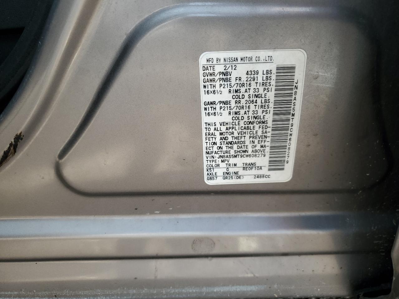 2012 Nissan Rogue S VIN: JN8AS5MT9CW608279 Lot: 64415775