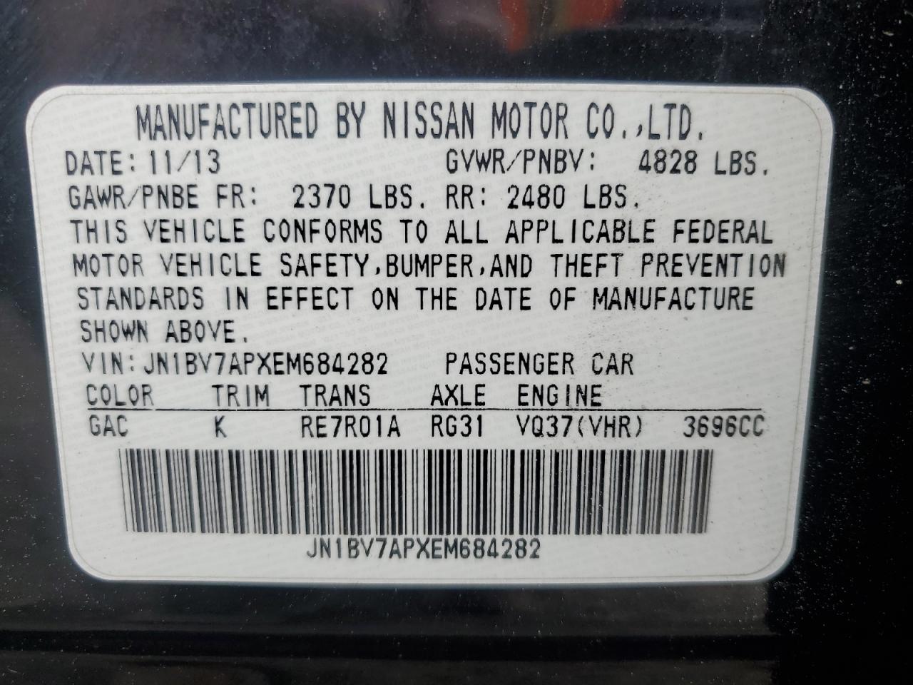2014 Infiniti Q50 Base VIN: JN1BV7APXEM684282 Lot: 64839975