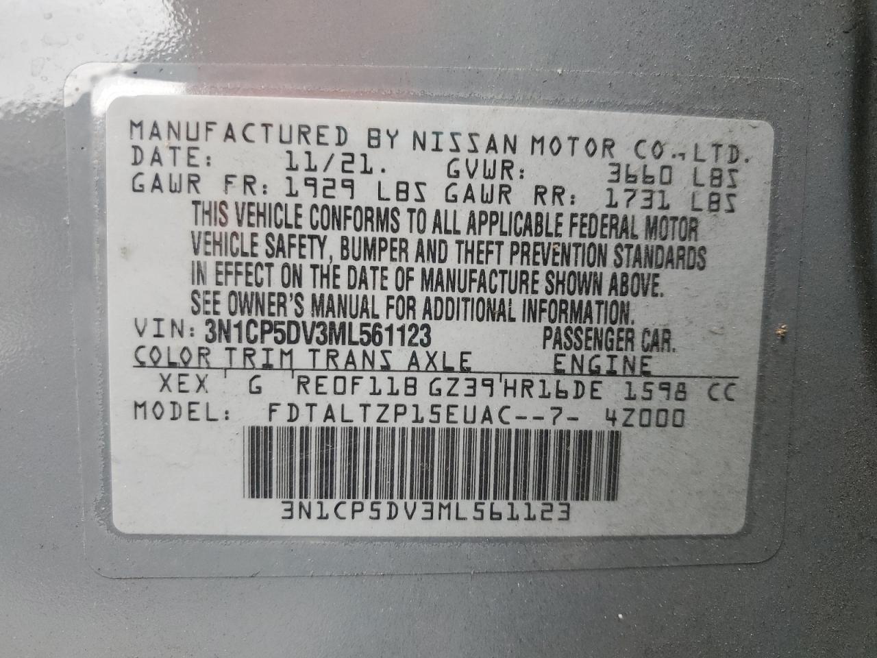 2021 Nissan Kicks Sr VIN: 3N1CP5DV3ML561123 Lot: 63877595