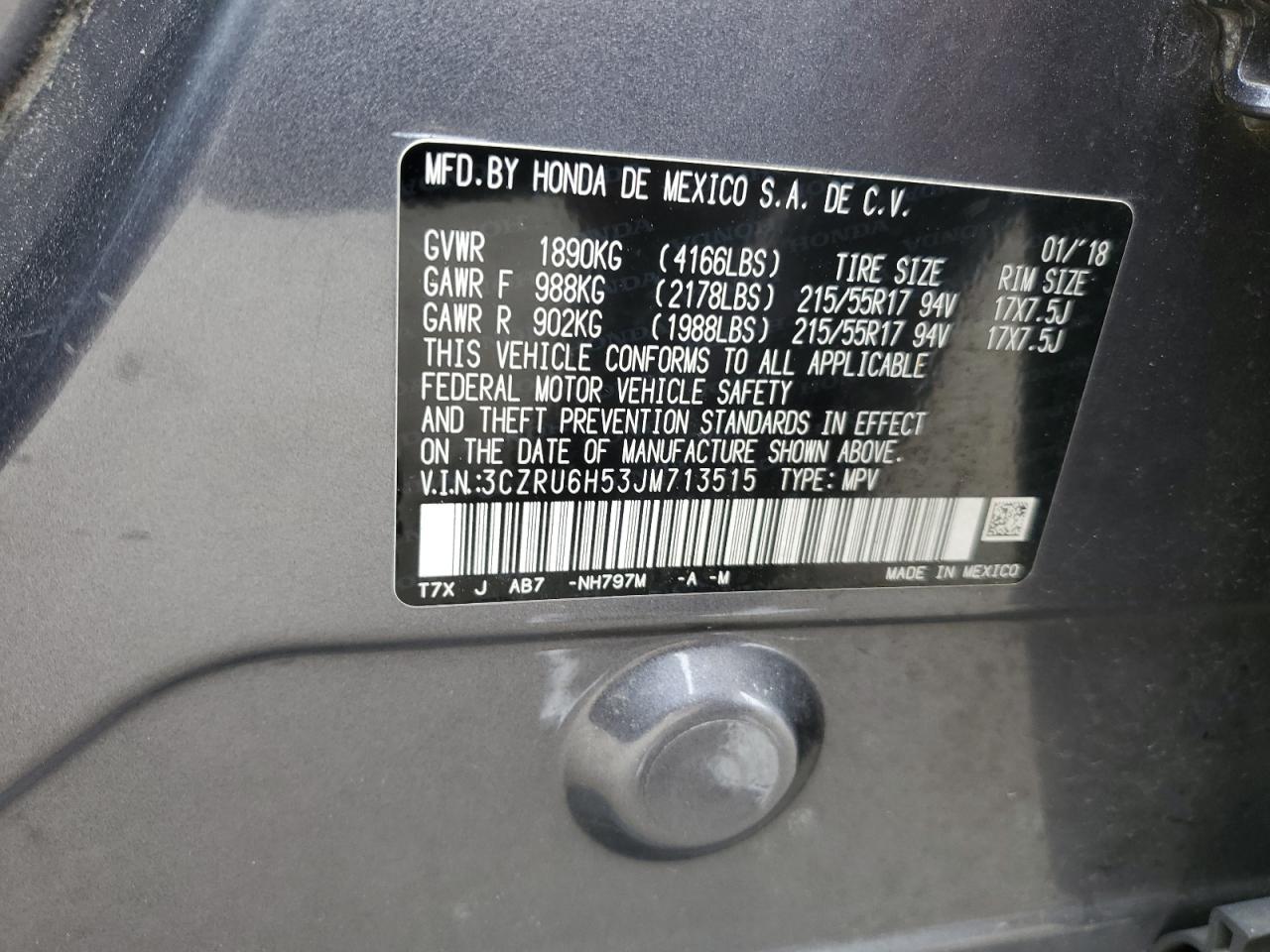 3CZRU6H53JM713515 2018 Honda Hr-V Ex