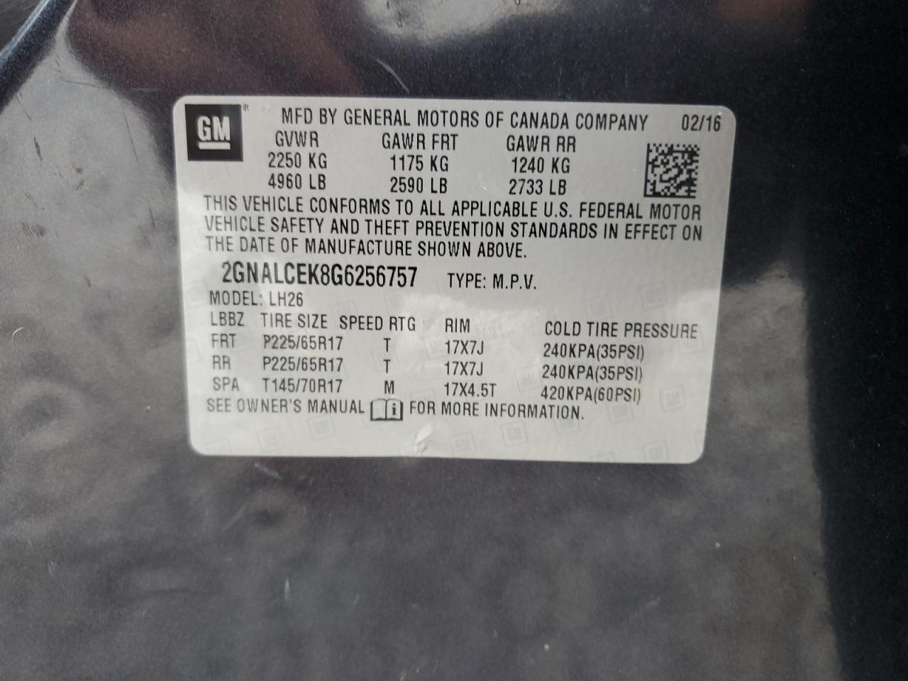 2016 Chevrolet Equinox Lt VIN: 2GNALCEK8G6256757 Lot: 65059635
