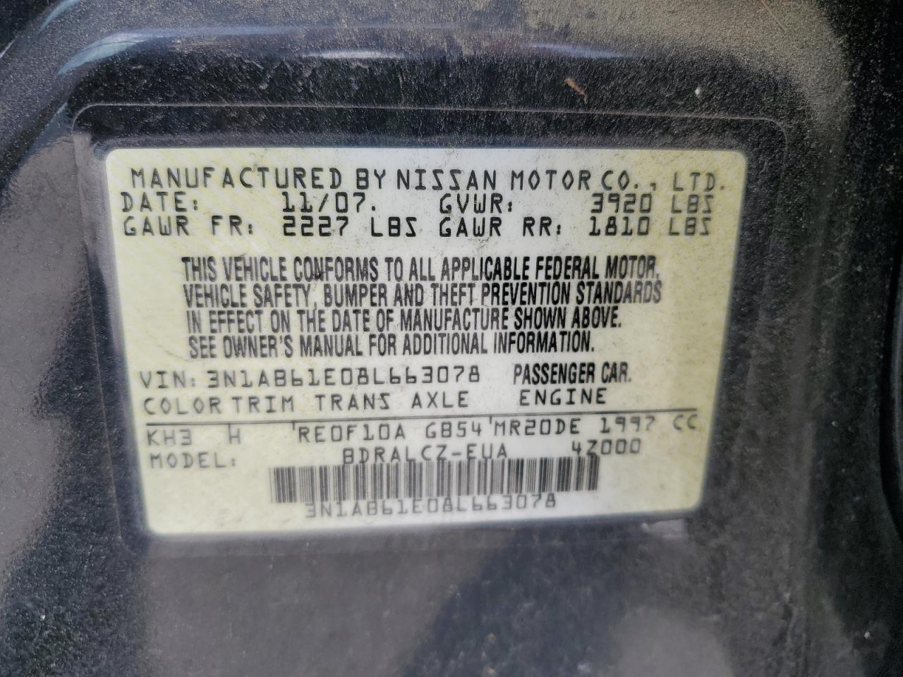 2008 Nissan Sentra 2.0 VIN: 3N1AB61E08L663078 Lot: 65228305