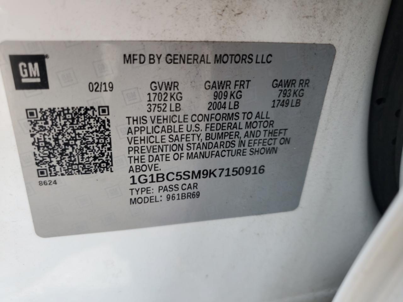 2019 Chevrolet Cruze Ls VIN: 1G1BC5SM9K7150916 Lot: 65053125