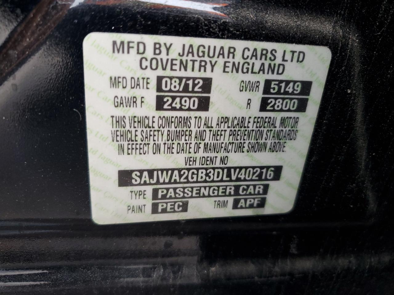sajwa2gb3dlv40216 SAJWA2GB3DLV40216 2013 Jaguar Xjl Portfolio