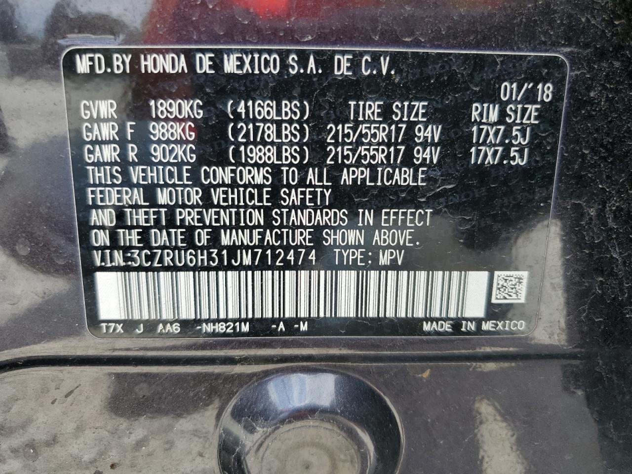2018 Honda Hr-V Lx VIN: 3CZRU6H31JM712474 Lot: 64820055