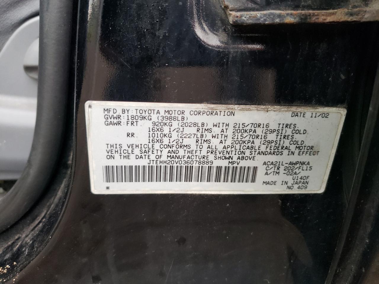 2003 Toyota Rav4 VIN: JTEHH20V036078889 Lot: 63341635