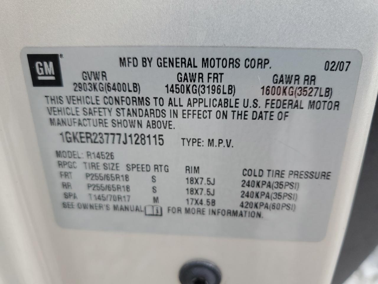 2007 GMC Acadia Slt-1 VIN: 1GKER23777J128115 Lot: 63129135