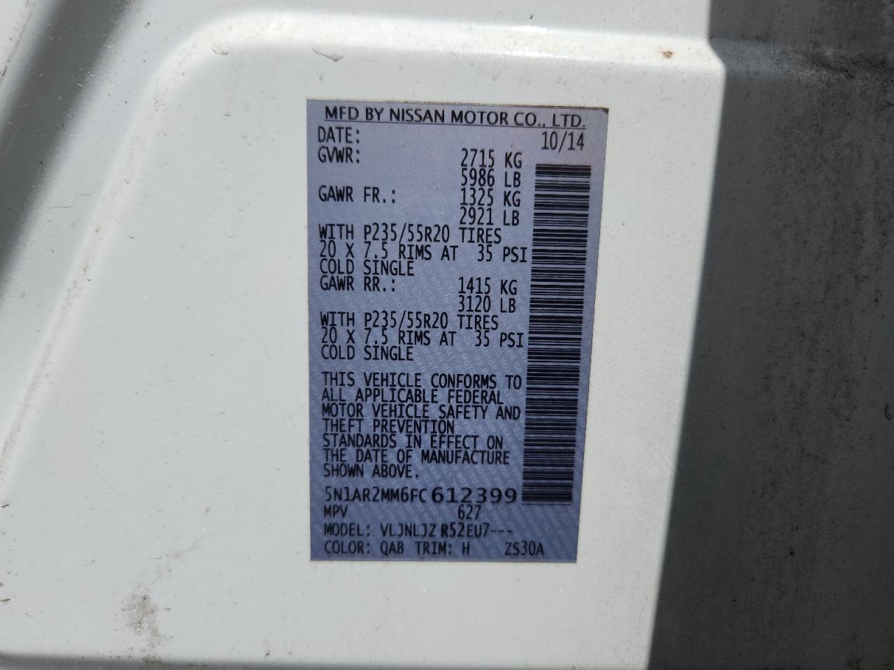 2015 Nissan Pathfinder S VIN: 5N1AR2MM6FC612399 Lot: 64884635