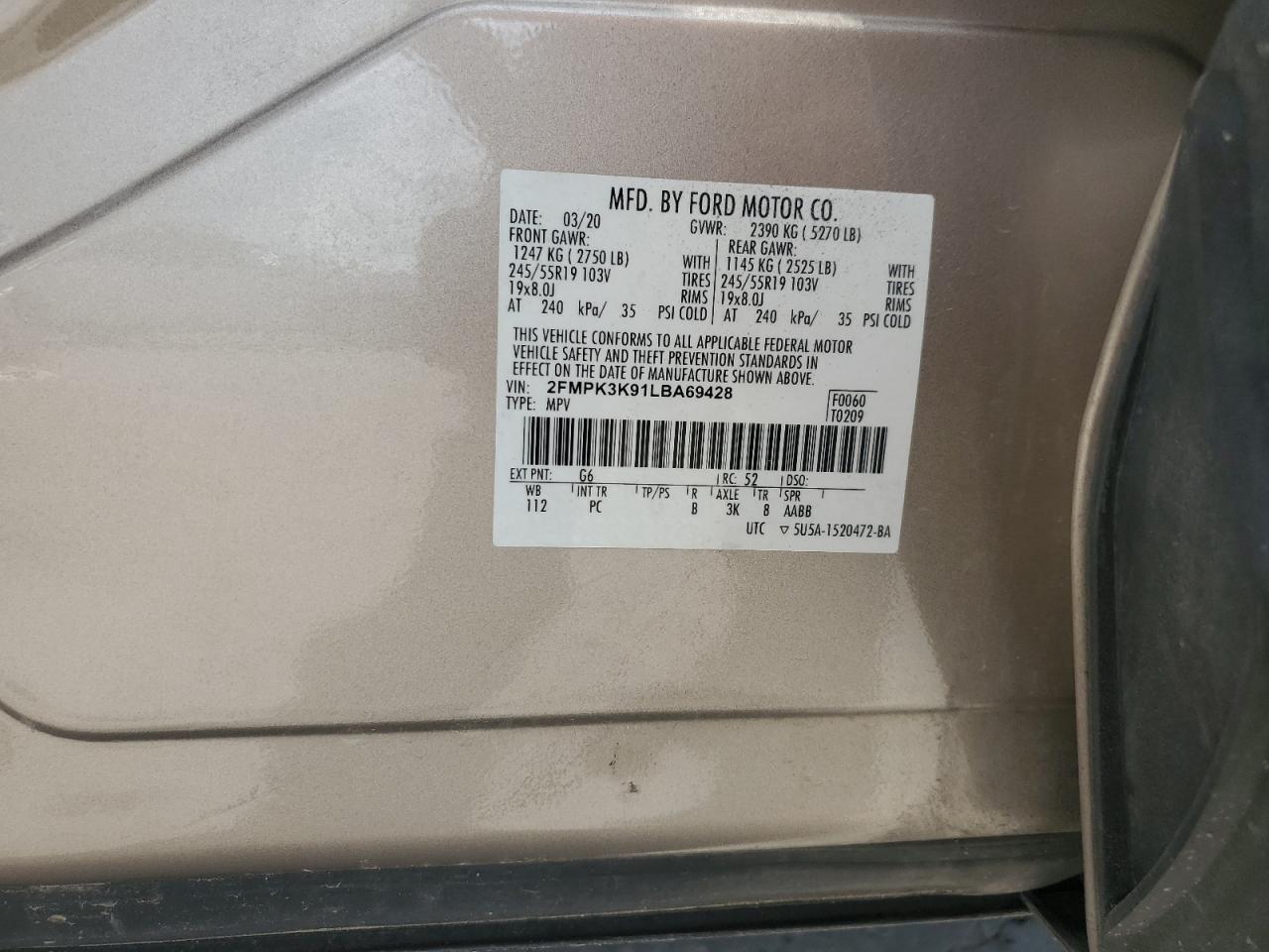 2020 Ford Edge Titanium VIN: 2FMPK3K91LBA69428 Lot: 64926925