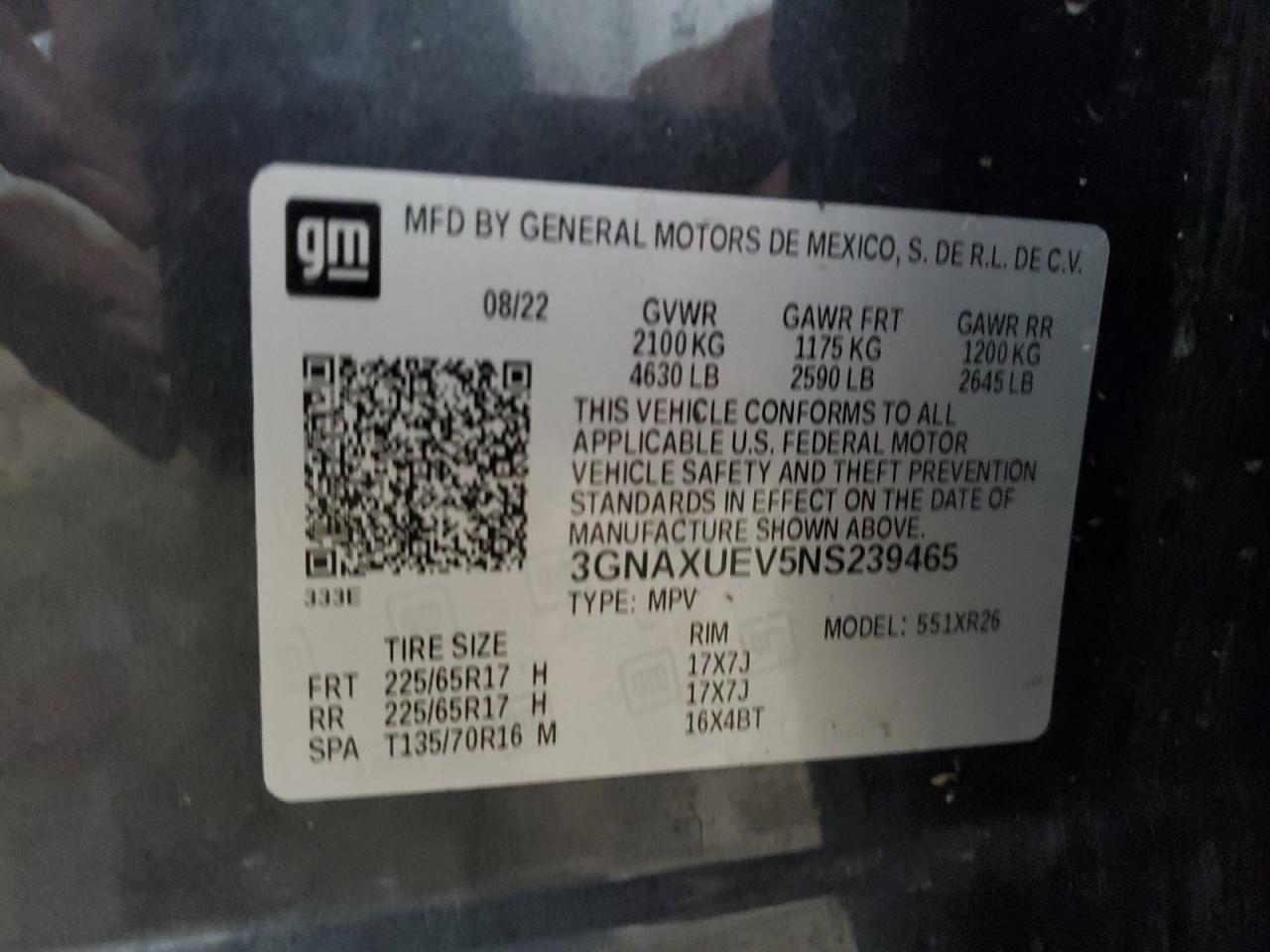 2022 Chevrolet Equinox Lt VIN: 3GNAXUEV5NS239465 Lot: 64286175