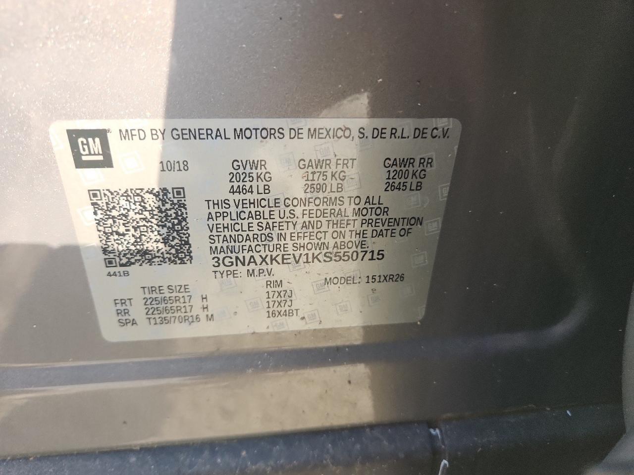 2019 Chevrolet Equinox Lt VIN: 3GNAXKEV1KS550715 Lot: 63966505