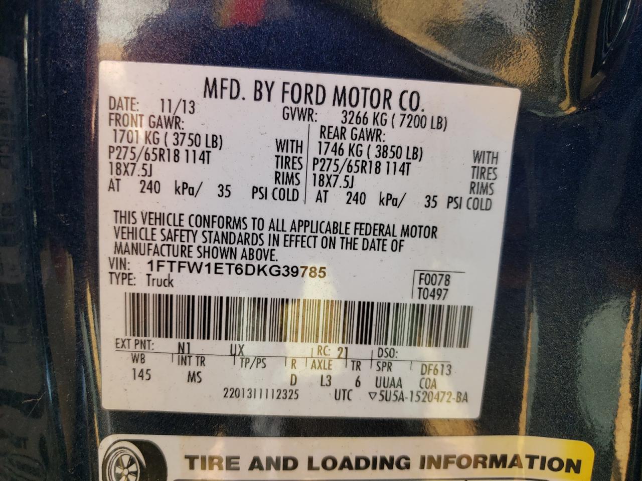 2013 Ford F150 Supercrew VIN: 1FTFW1ET6DKG39785 Lot: 65212255
