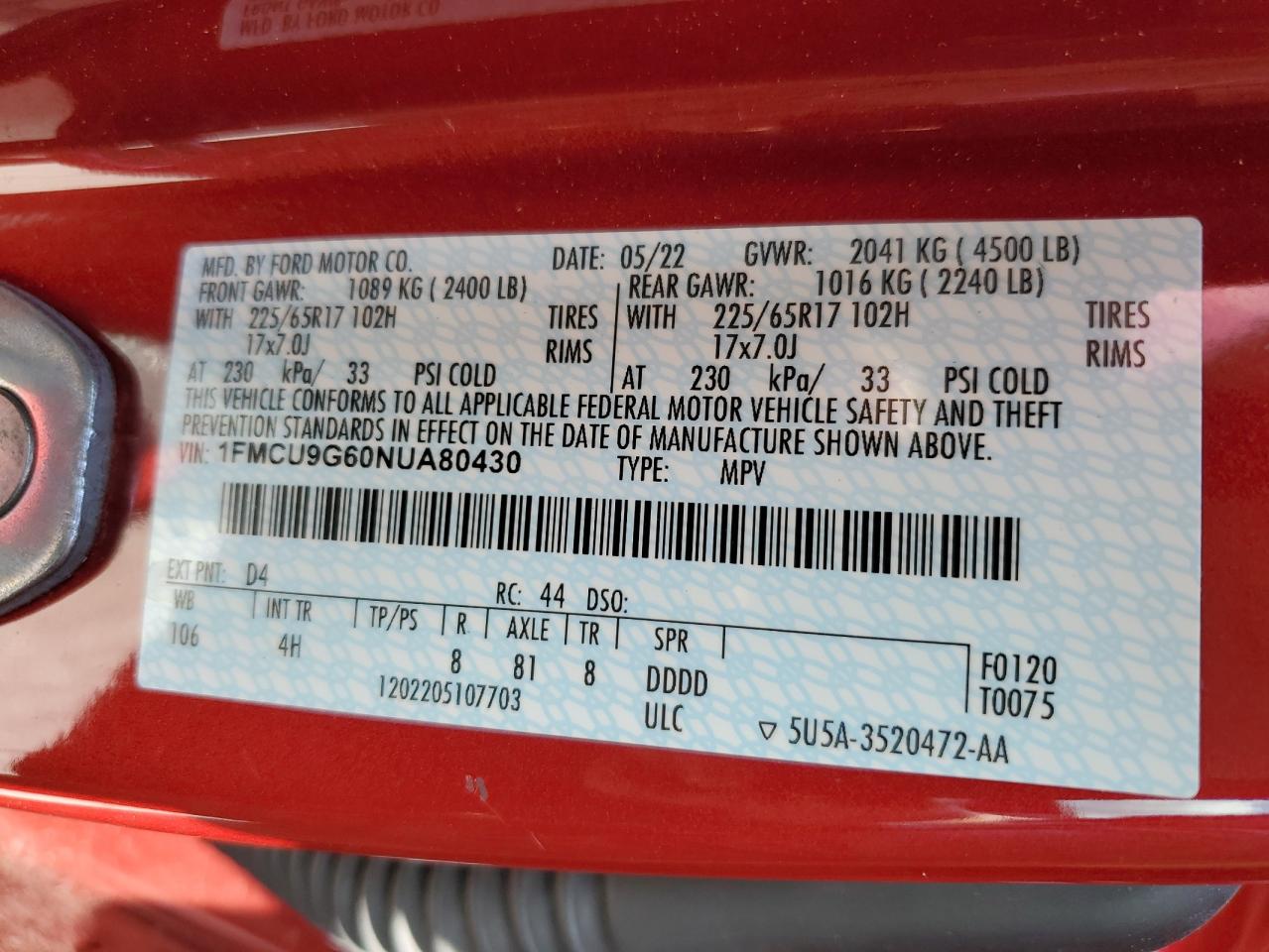 2022 Ford Escape Se VIN: 1FMCU9G60NUA80430 Lot: 65407365