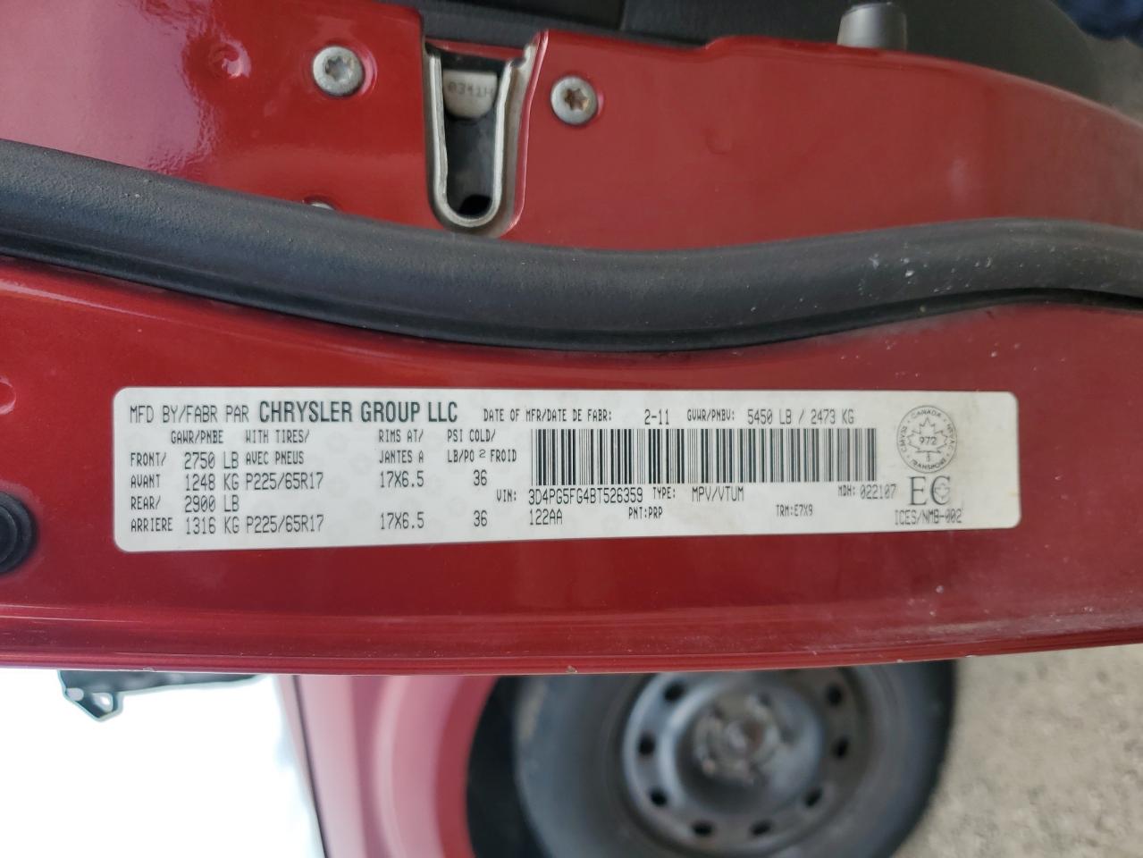 2011 Dodge Journey Sxt VIN: 3D4PG5FG4BT526359 Lot: 66636375