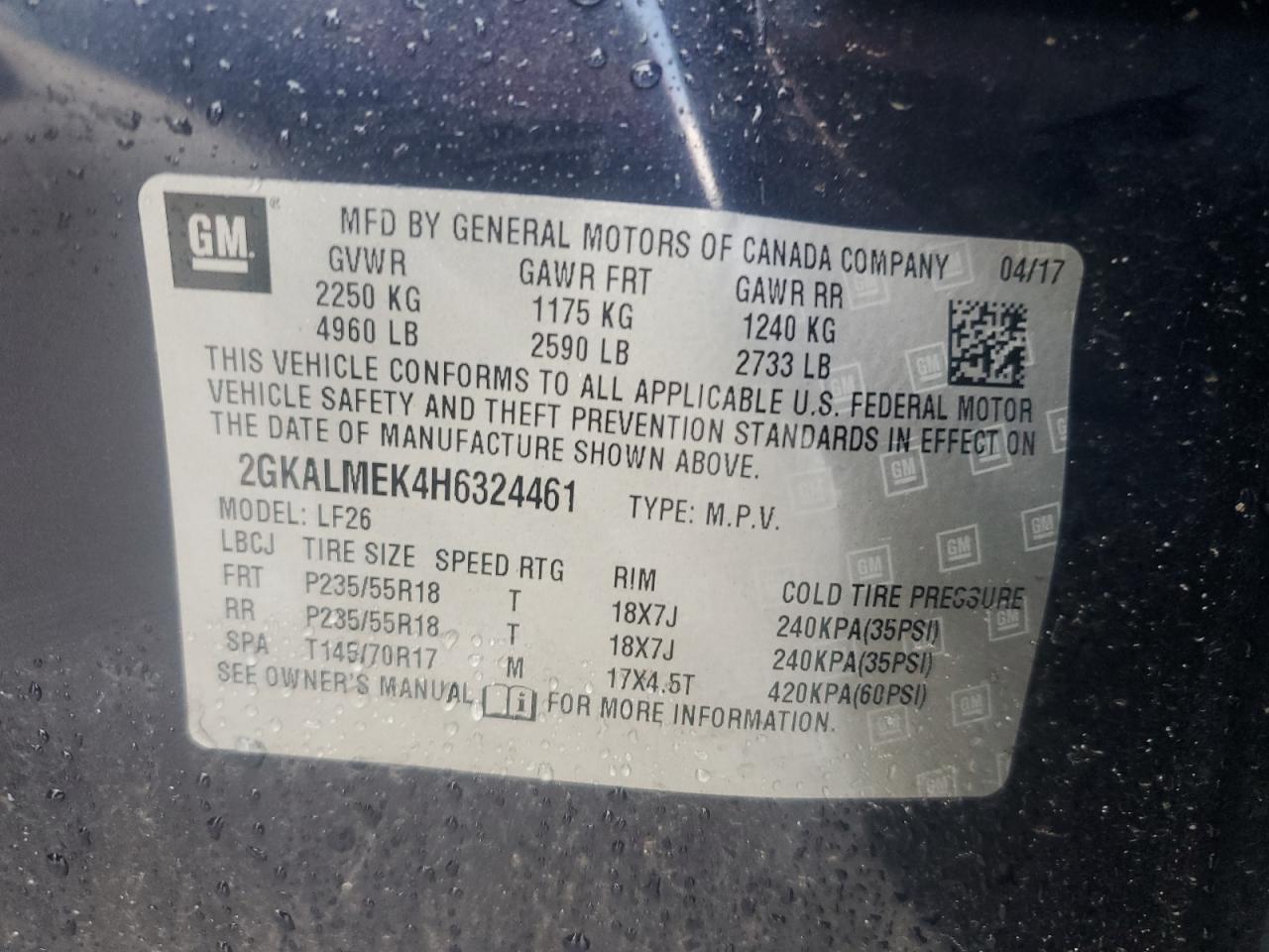 2017 GMC Terrain Sle VIN: 2GKALMEK4H6324461 Lot: 64888325