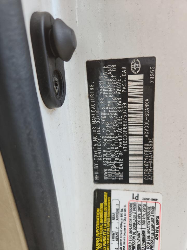 2006 Toyota Camry Solara Se VIN: 4T1CE38P86U750759 Lot: 62891265