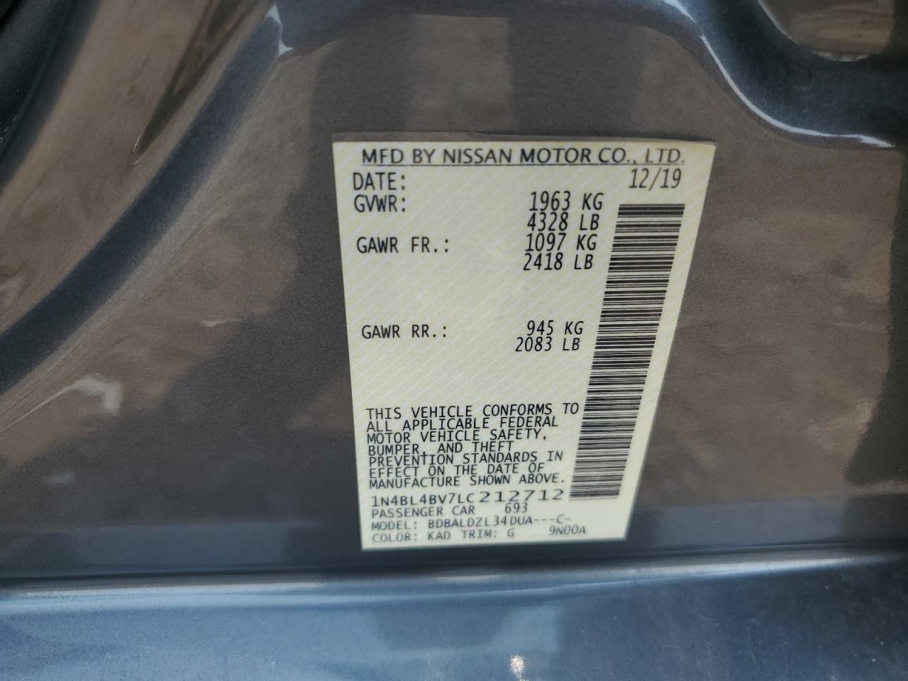 2020 Nissan Altima S VIN: 1N4BL4BV7LC212712 Lot: 64628045