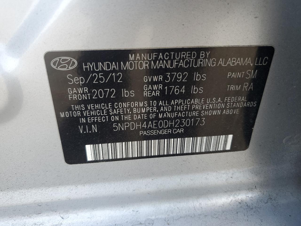 2013 Hyundai Elantra Gls VIN: 5NPDH4AE0DH230173 Lot: 65985855