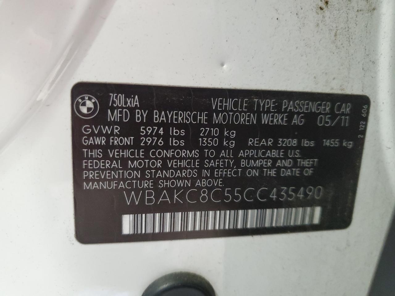 2012 BMW 750 Lxi VIN: WBAKC8C55CC435490 Lot: 63270175