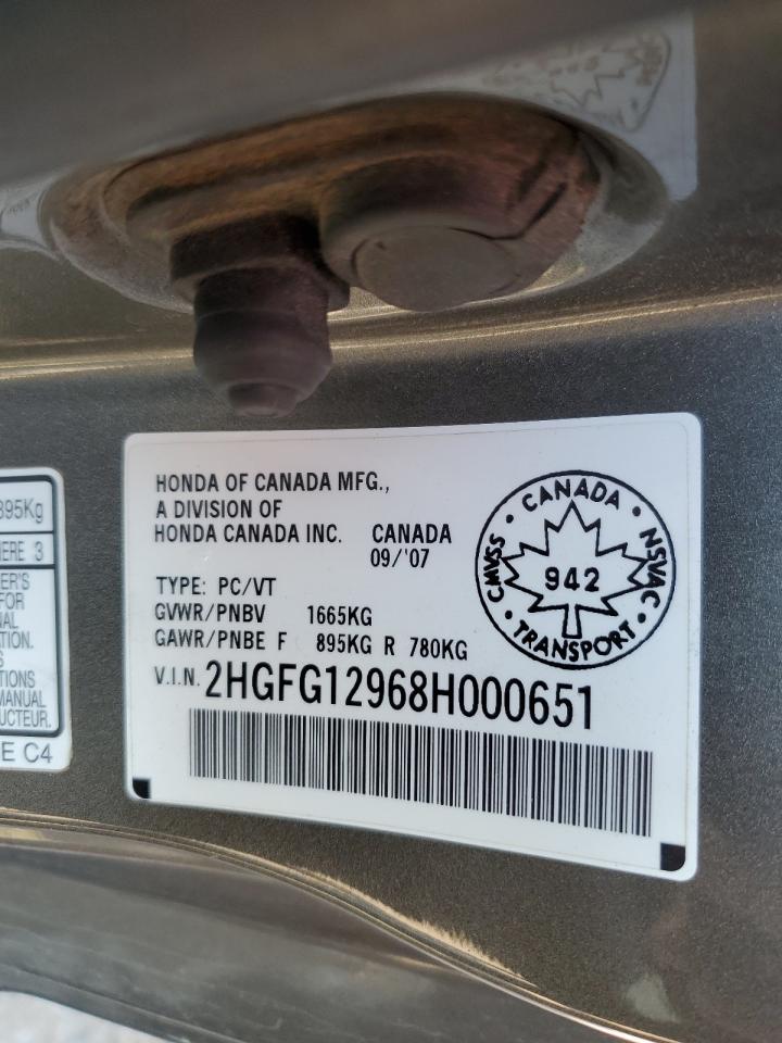 2008 Honda Civic Exl VIN: 2HGFG12968H000651 Lot: 62905265