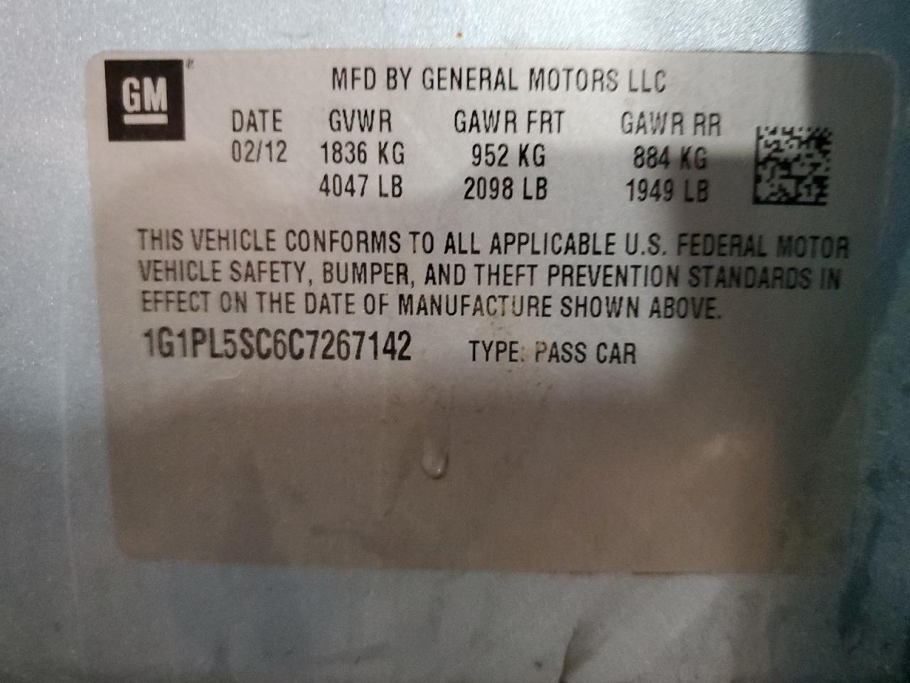 2012 Chevrolet Cruze Lt VIN: 1G1PL5SC6C7267142 Lot: 64800705