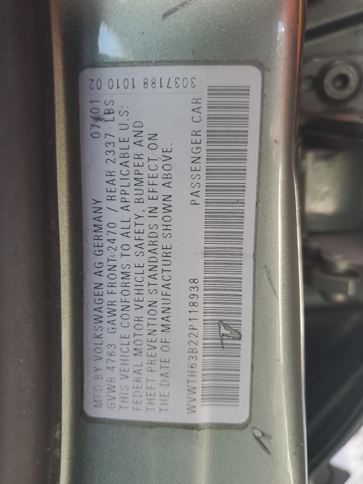 2002 Volkswagen Passat Glx 4Motion VIN: WVWTH63B22P118938 Lot: 64662765