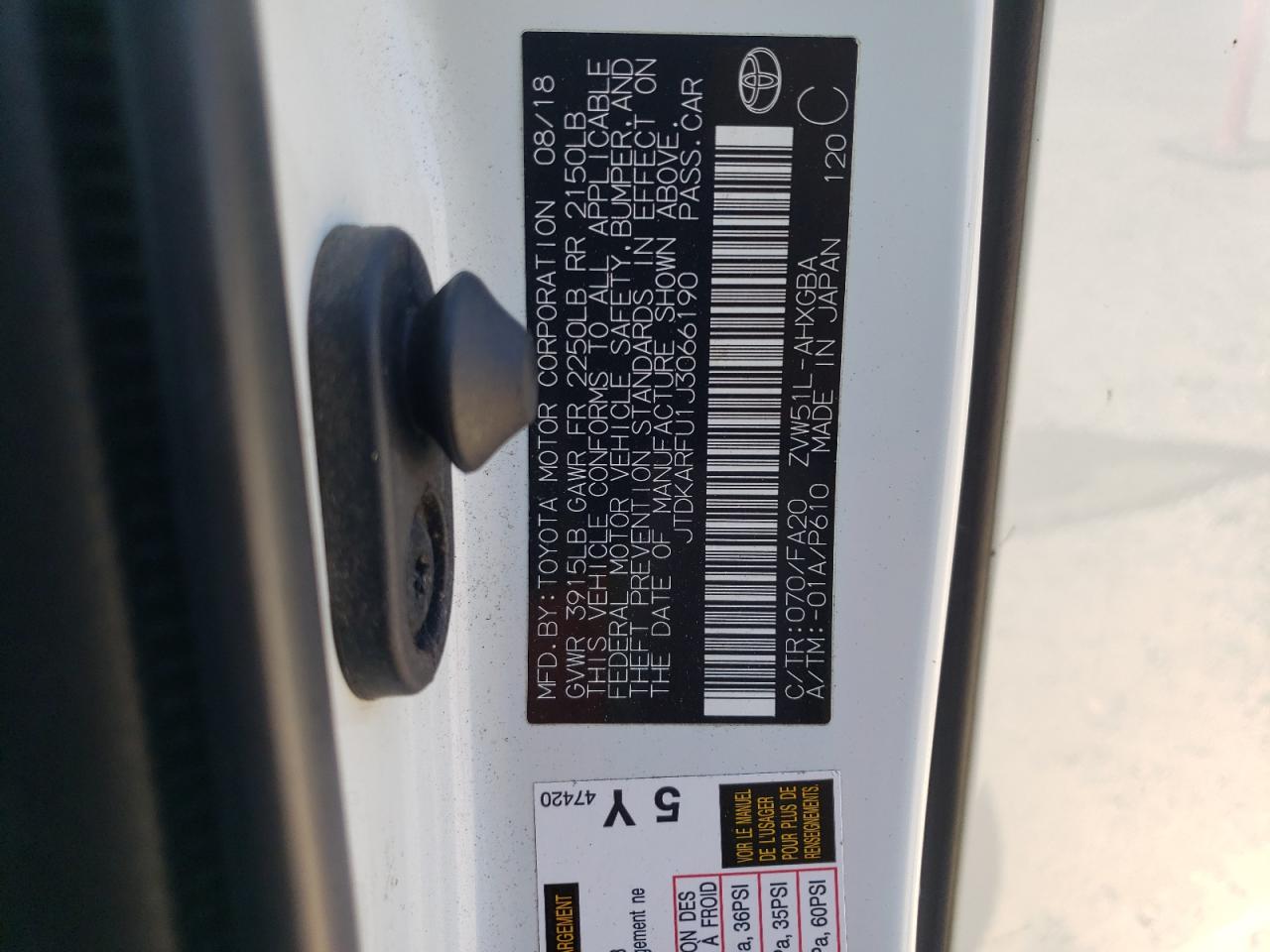 2018 Toyota Prius VIN: JTDKARFU1J3066190 Lot: 65312105