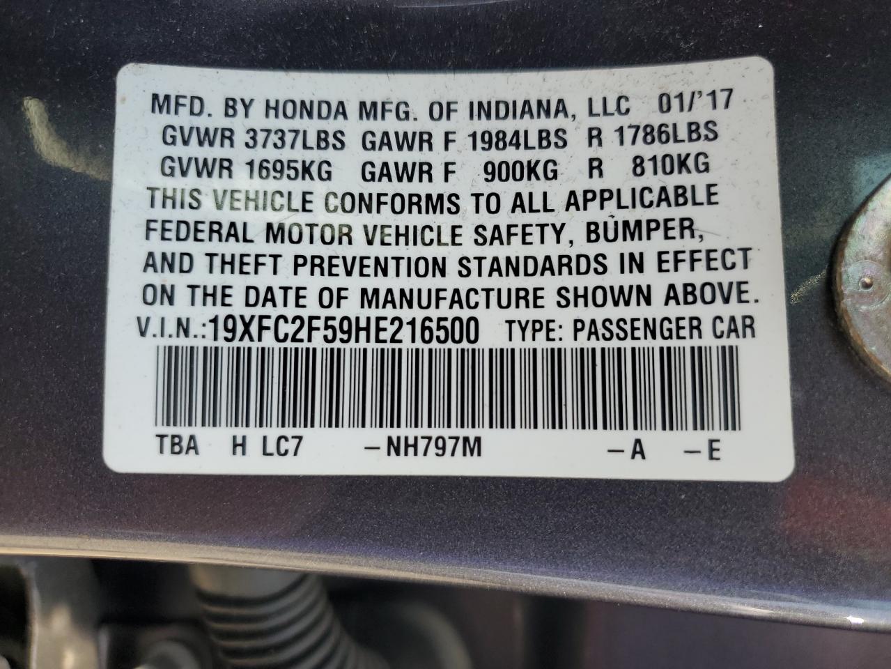 2017 Honda Civic Lx VIN: 19XFC2F59HE216500 Lot: 65435755