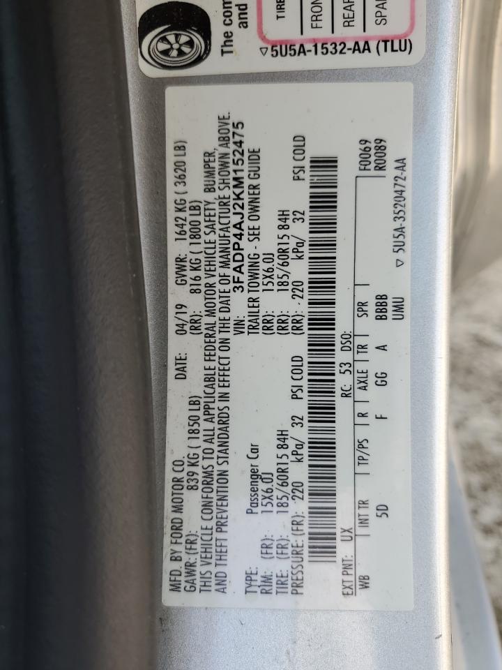 2019 Ford Fiesta S VIN: 3FADP4AJ2KM152475 Lot: 65571635