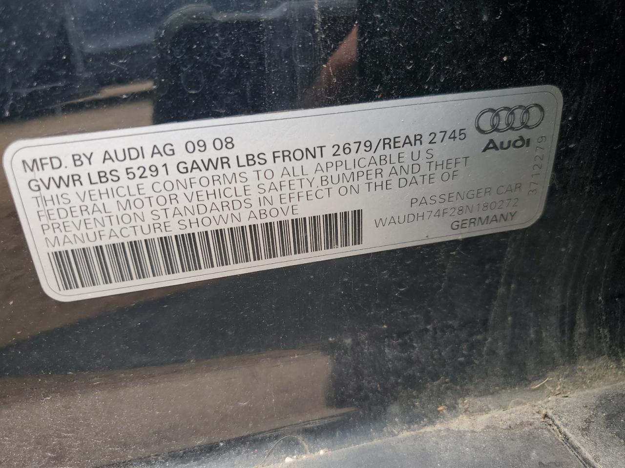 2008 Audi A6 3.2 Quattro VIN: WAUDH74F28N180272 Lot: 65159065