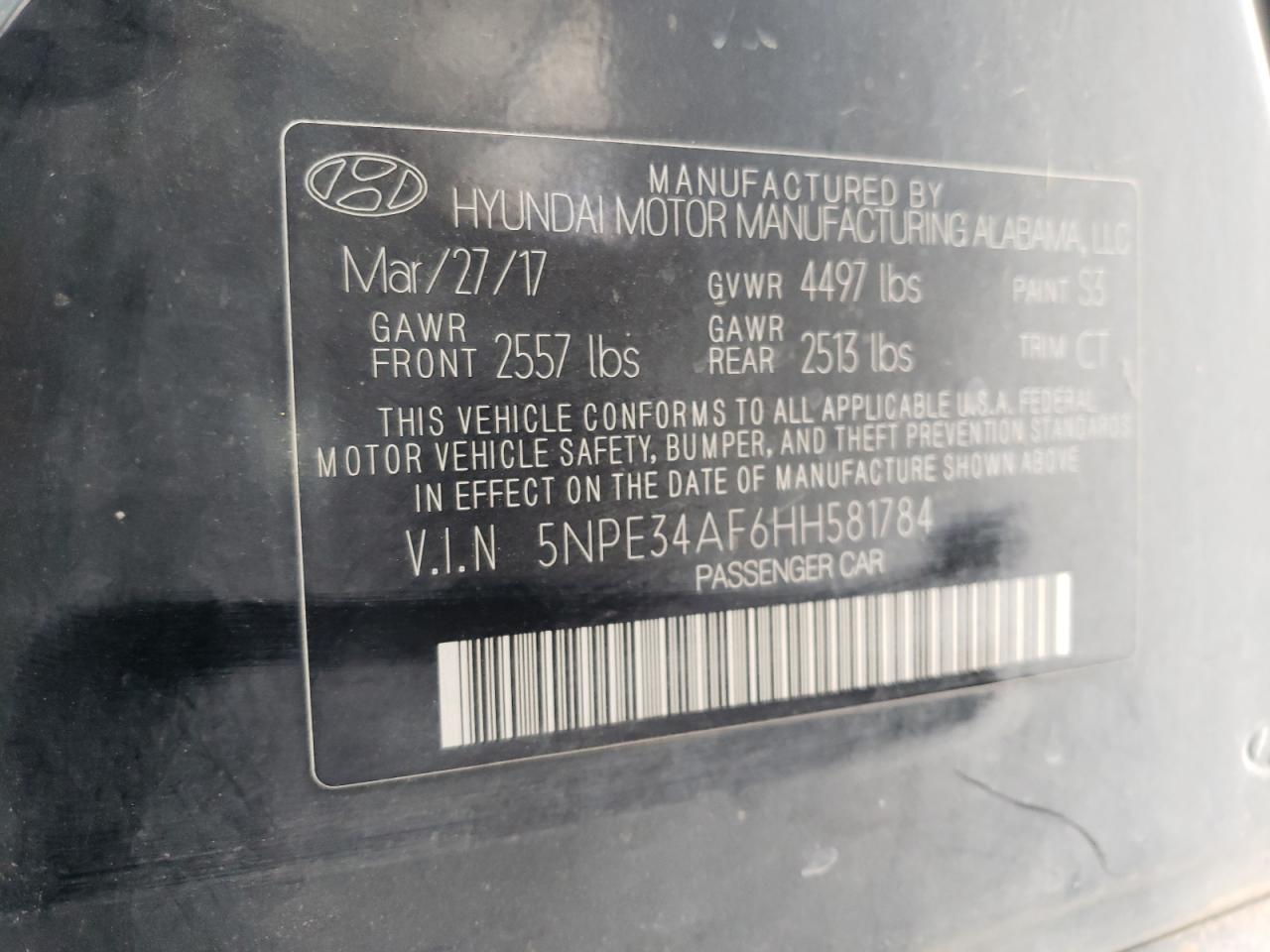 2017 Hyundai Sonata Sport VIN: 5NPE34AF6HH581784 Lot: 65043965
