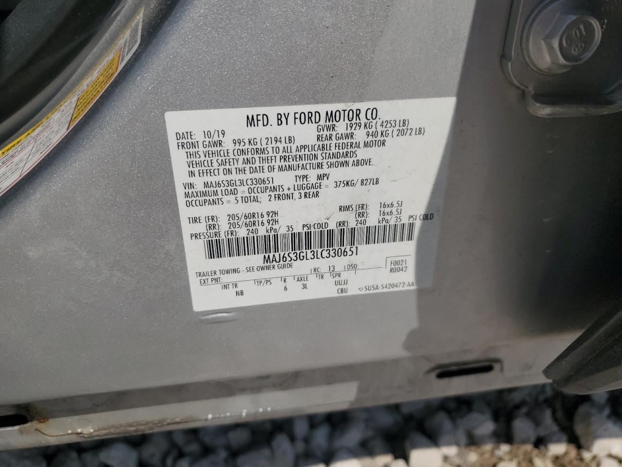 2020 Ford Ecosport Se VIN: MAJ6S3GL3LC330651 Lot: 65980155