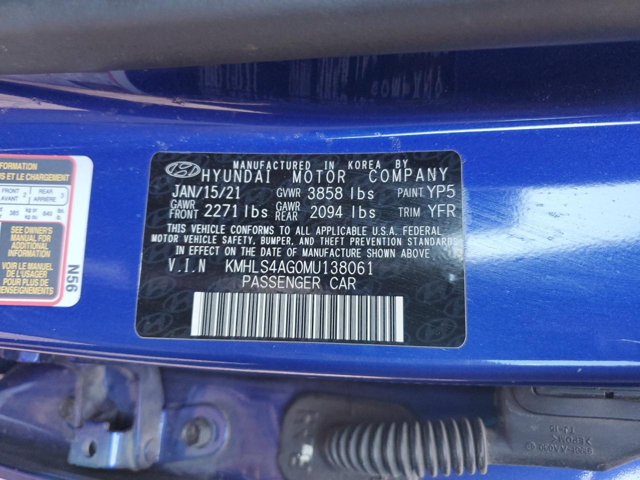 2021 Hyundai Elantra Sel VIN: KMHLS4AG0MU138061 Lot: 65468655