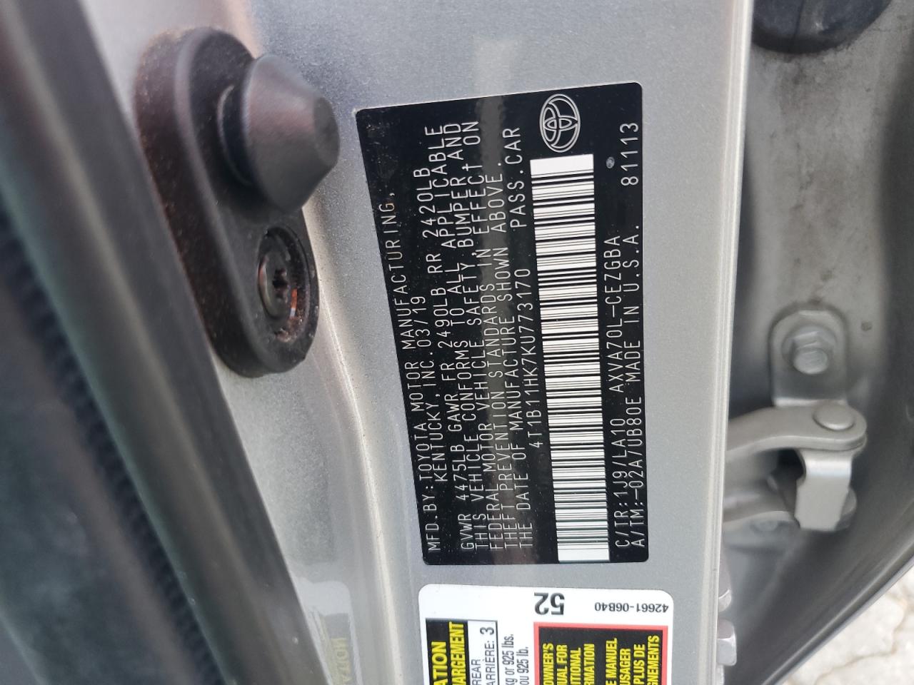 2019 Toyota Camry L VIN: 4T1B11HK7KU773170 Lot: 64594065