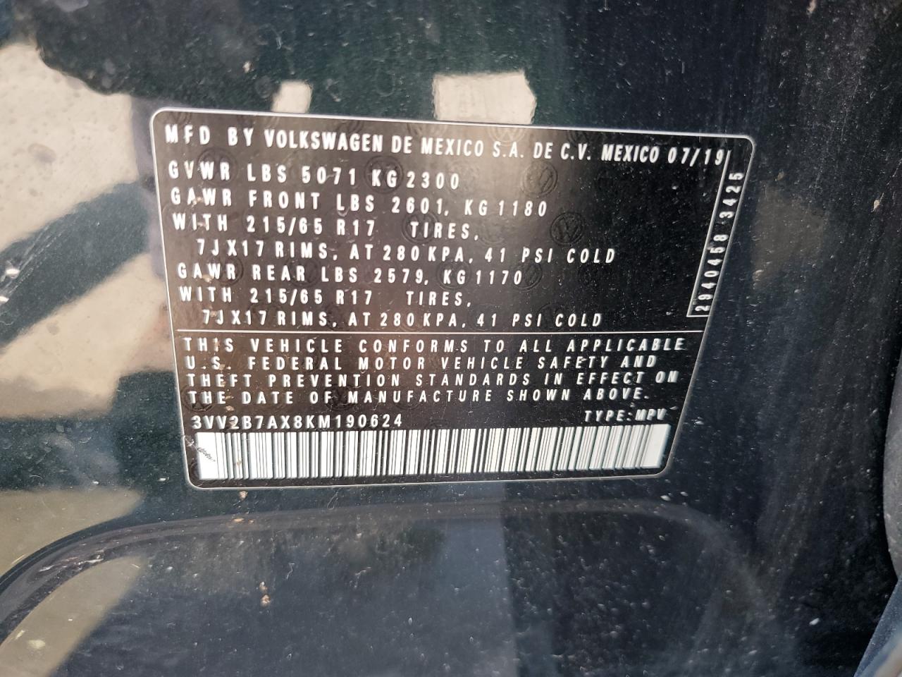 2019 Volkswagen Tiguan Se VIN: 3VV2B7AX8KM190624 Lot: 62933085