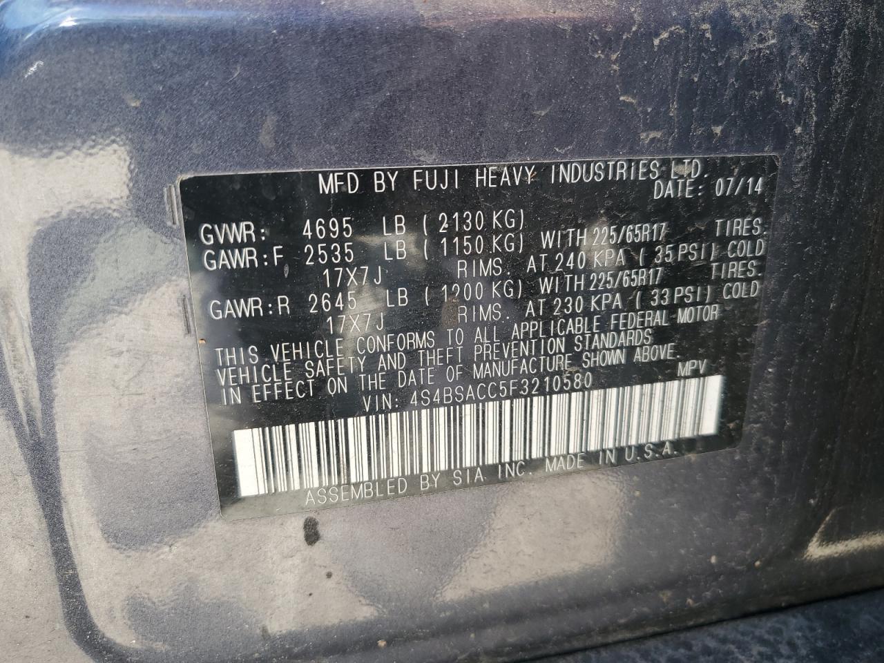 2015 Subaru Outback 2.5I Premium VIN: 4S4BSACC5F3210580 Lot: 65154665