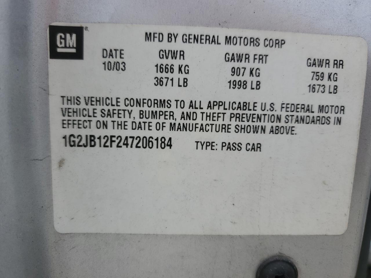 2004 Pontiac Sunfire VIN: 1G2JB12F247206184 Lot: 64314485