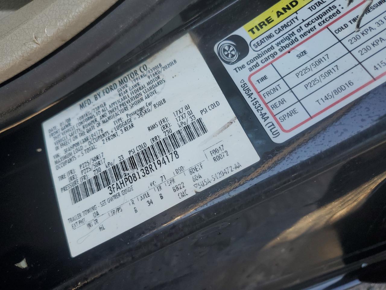 2008 Ford Fusion Sel VIN: 3FAHP08138R194178 Lot: 63158365