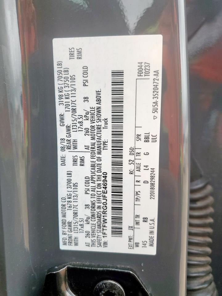 2018 Ford F150 Raptor VIN: 1FTFW1RG0JFE46940 Lot: 63232015