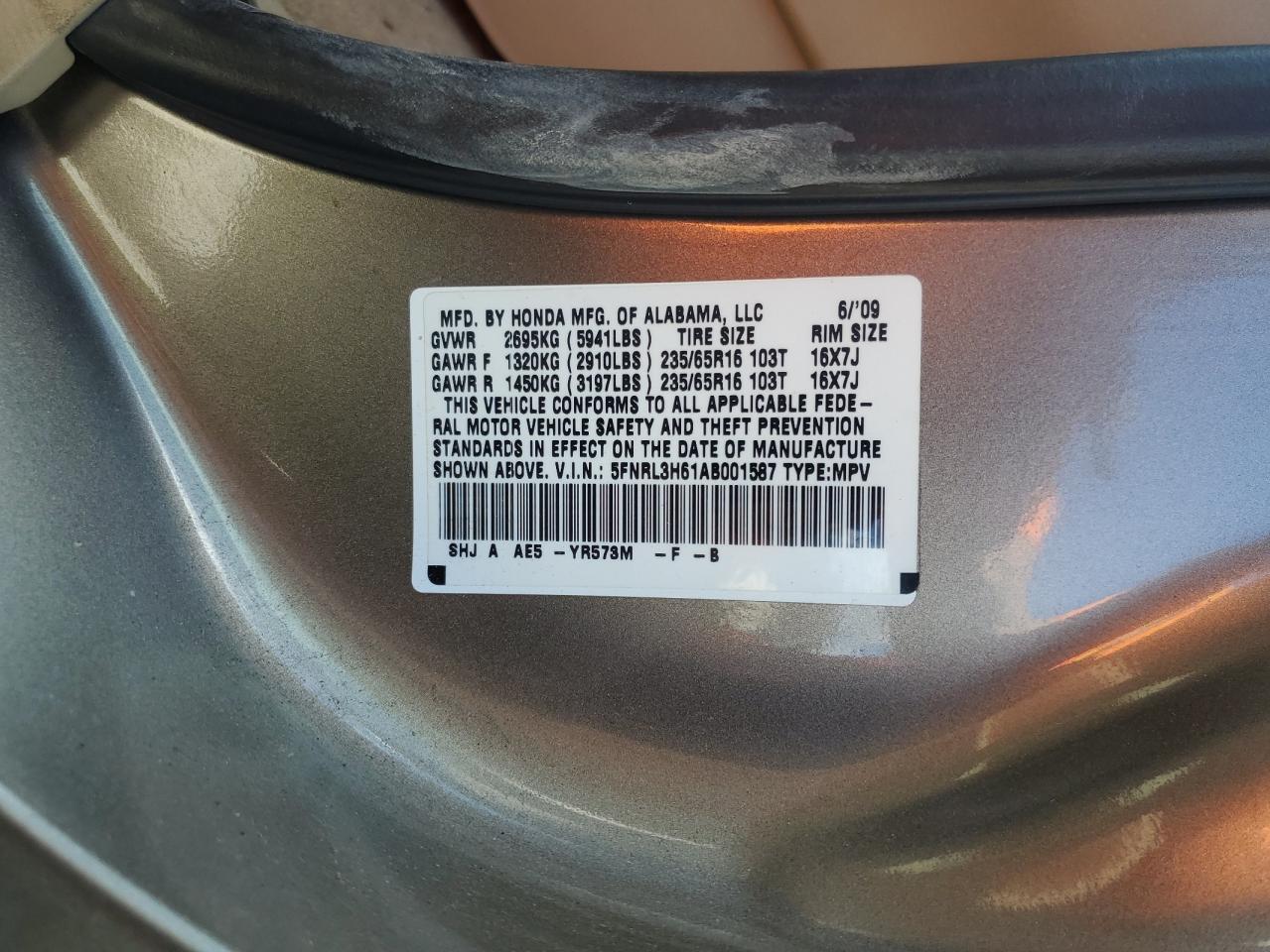 2010 Honda Odyssey Exl VIN: 5FNRL3H61AB001587 Lot: 61915935