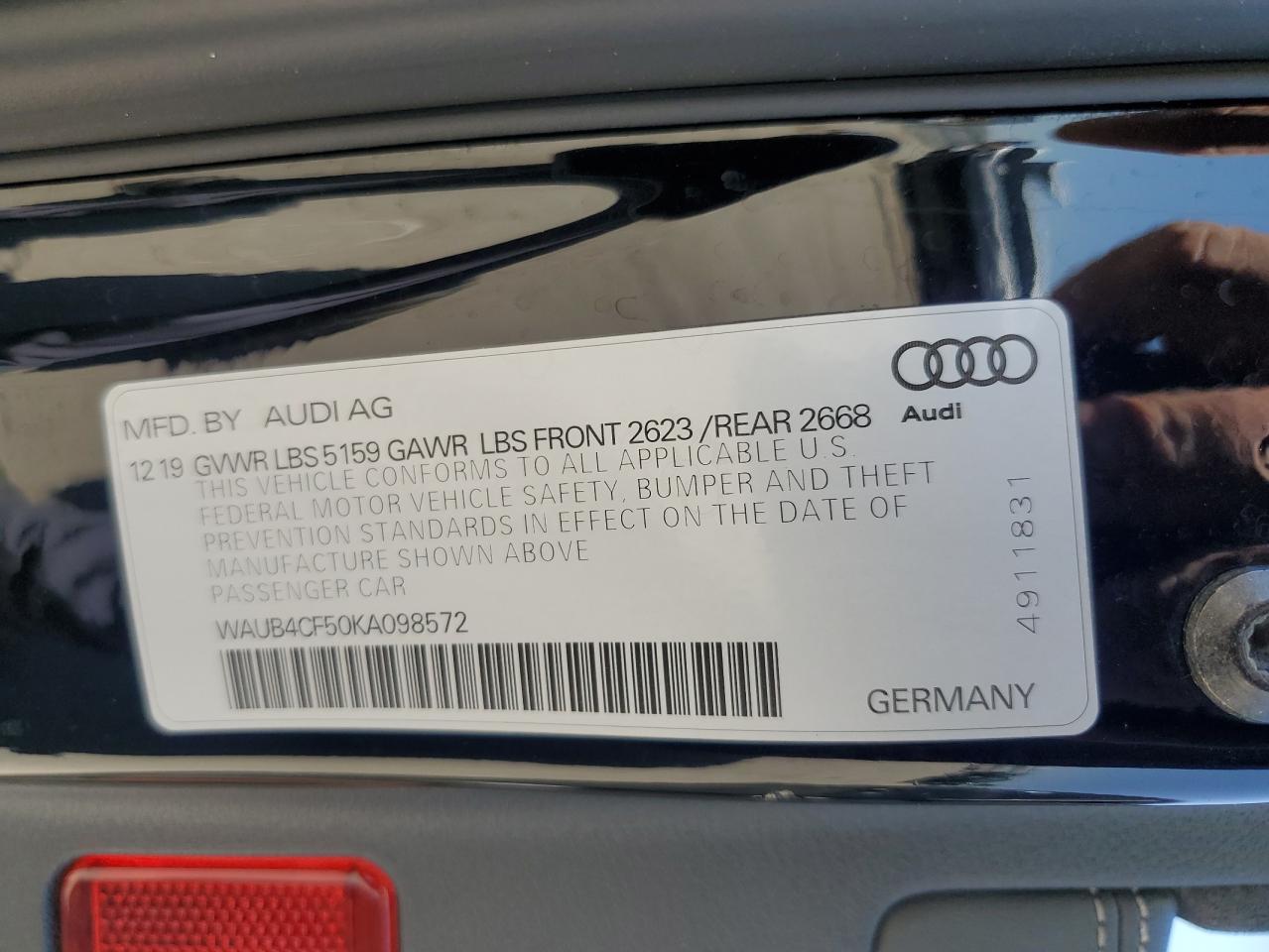 waub4cf50ka098572 WAUB4CF50KA098572 2019 Audi S5 Premium Plus