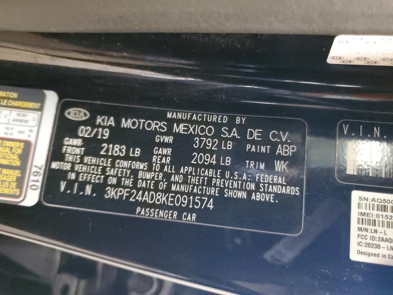 2019 Kia Forte Fe VIN: 3KPF24AD8KE091574 Lot: 64632015